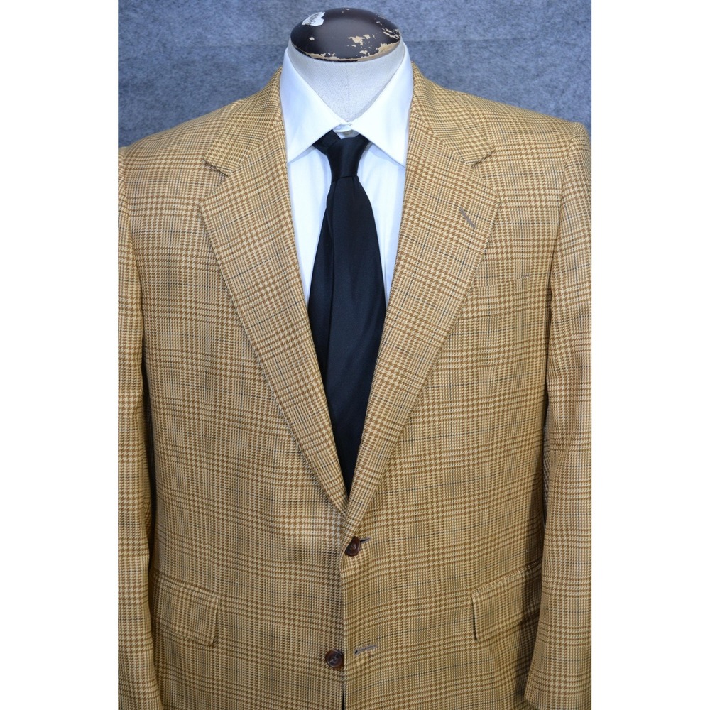 Hickey Freeman Silk Blazer Men 42L Brown Glen Plaid Wool Tweed Sport Coat Jacket